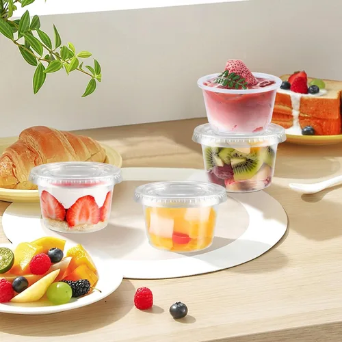 Vista 5 de Clawsoff 360 juegos de vasos desechables de plástico transparente de 4 Vasos de gelatina aptos para alimentos, pequeños recipientes de condimentos a