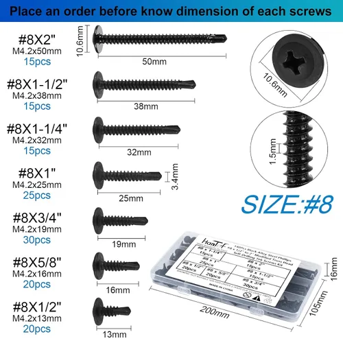 Vista 3 de Kit de surtido de 140 piezas de tornillos negros autoperforantes para metal, tornillos TEK autorroscantes de cabeza de armadura modificada de 8# x