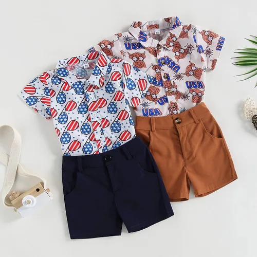 Vista 4 de AEEMCEM Conjunto de pantalones cortos estilo vaquero con estampado de vaca de manga corta y botones para bebé, conjunto de pantalones cortos