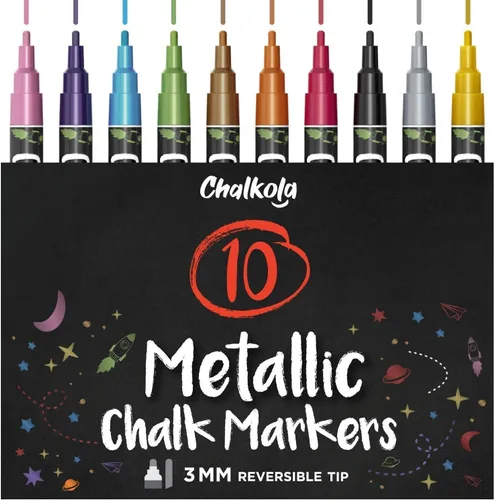 Vista 13 de Chalkola Marcadores de Tiza Metálicos de Punta Extra Fina (Paquete de 10, Punta de 1mm) - Rotuladores de Tiza Líquida para Pizarra, Pizarra Negra