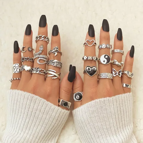 Vista 7 de 17IF Juego de anillos grunge góticos de plata vintage para mujeres, hombres y niñas, gruesos, góticos, punk, apilables, ajustables, abiertos