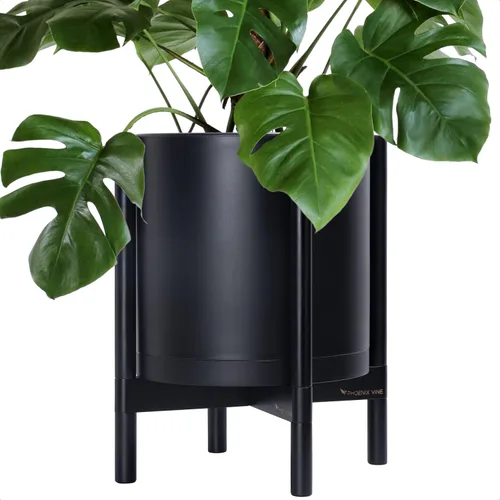Vista 57 de Maceta de D'vine Dev con soporte - Maceta de flores de cilindro de plástico de 8.0 pulgadas con soporte de madera para interiores, maceta mate negra