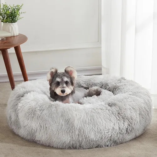 Vista 19 de Cama calmante para perros y gatos, cama antiansiedad, de felpa, con forma de dona, redonda, acolchada, de piel sintética, suave y esponjosa