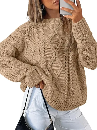 Vista 14 de Trendy Queen Suéteres de punto trenzado de gran tamaño para mujer, trajes Verde militar