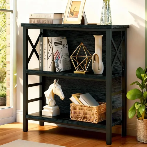 Vista 10 de MNEETRUNG Estantería Pequeña, Estantería Industrial de 3 Niveles con Marco de Metal y Tablero Trasero, Estantería Baja en Negro, Estantería