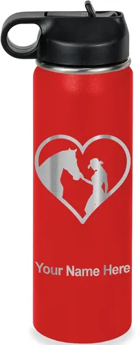 Vista 34 de LaserGram Botella de agua personalizada, corazón de vaquera de caballo, acero inoxidable de doble pared aislada al vacío con popote superior, regalo
