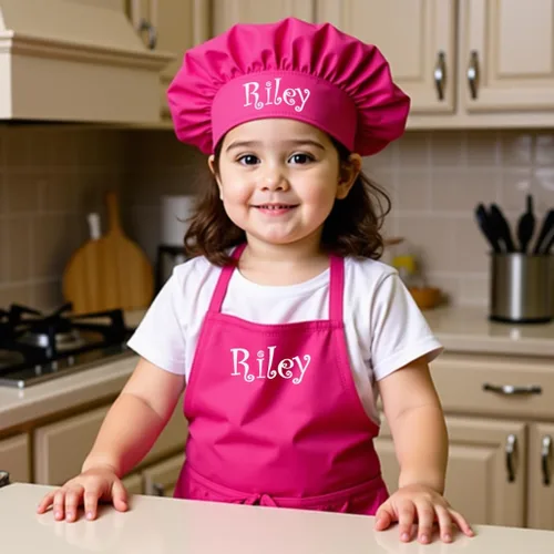 Vista 3 de Delantal bordado personalizado y sombrero de chef para niños y niñas, regalo divertido en la cocina (añade un juego de nombre, largo con sombrero)