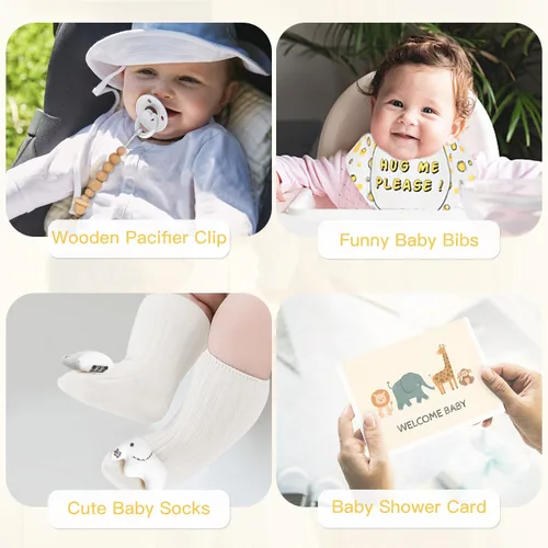 Vista 6 de Regalos de baby shower para niños y niñas, cesta de regalos para bebés, manta para recién nacidos, juguetes de sonajero, clip de recuerdo, chupete