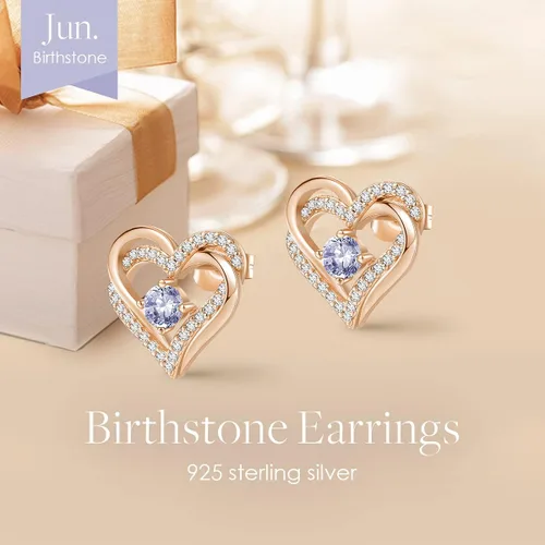Vista 4 de Aretes CDE Forever Love Heart de plata de ley 925, chapados en oro rosa, con piedra de nacimiento de diciembre, circonita cúbica de calidad 5 A