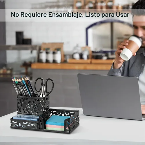 Vista 5 de Organizador para escritorio de oficina, de EasyPag, con 3 compartimentos, con diseño calado de flores, Negro