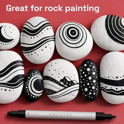 Vista 7 de ARTISTRO 5 marcadores negros de pintura acrílica de doble punta, juego de bolígrafos de pintura con puntos y puntas finas para tela, rocas, vidrio