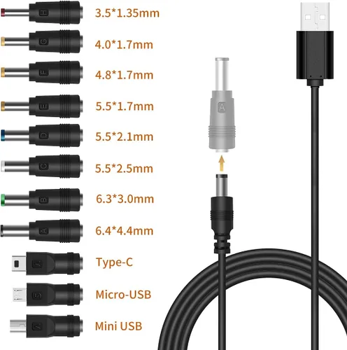 Vista 3 de Cable de alimentación universal de 5 V CC, USB a CC de 0.217 x 0.083 in, cable Powe con conectores (13 piezas) Cable divisor de alimentación de CC 1