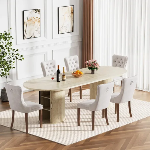 Vista 28 de Mesa de comedor redonda extensible de 94 pulgadas con base de almacenamiento, mesa de comedor expandible natural para 10, mesa de comedor de madera