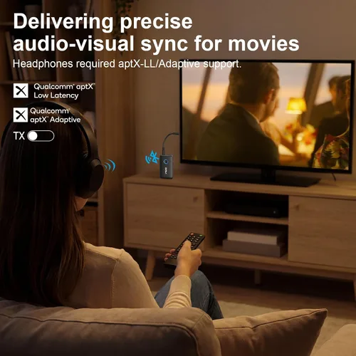 Vista 4 de YMOO Adaptador Bluetooth de avión para AirPods, transmisor Bluetooth receptor para TV, con aptX adaptativo y baja latencia, adaptador de audio