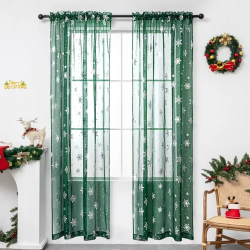 Vista 20 de Cortinas traslúcidas de Navidad para sala de estar, cortinas transparentes con estampado de copos de nieve de lujo, cortinas con bolsillo