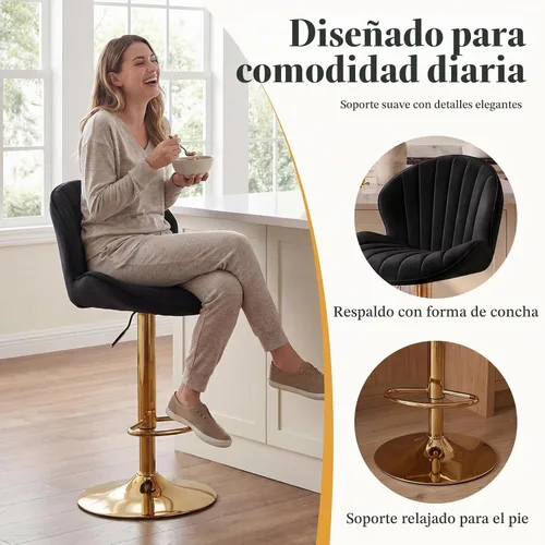 Vista 3 de CIMOTA Juego de 2 taburetes de bar negros y dorados de altura ajustable, taburetes de bar giratorios modernos con forma de concha, taburetes