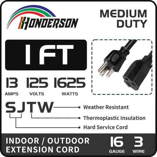 Vista 2 de Cable de Extensión HONDERSON, Certificación UL, Calibre 16, 1 Pie de Largo, Color Negro, 3 Puntas, Resistente, 16/3 SJTW, 13A, Cable de Energía