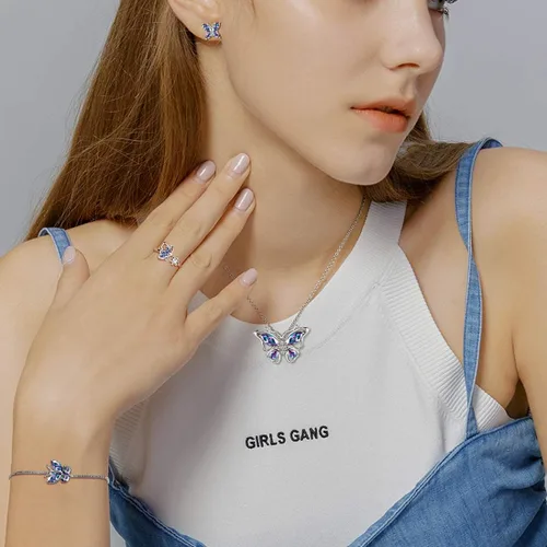 Vista 2 de 925 Sterling Silver Birthstone Butterfly Jewelry Women Crystal Animal Cute Butterflies Birthday NecklaceEarringRingBracelet Sets Birth Stone