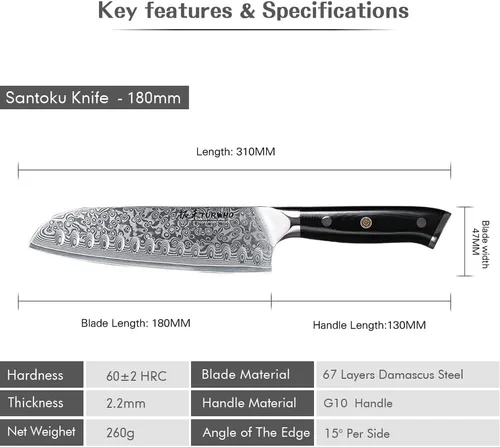 Vista 8 de TURWHO Cuchillo Santoku Profesional 7 pulgadas - Cuchillo de chef japonés clásico, patrón de damasco, acero VG-10