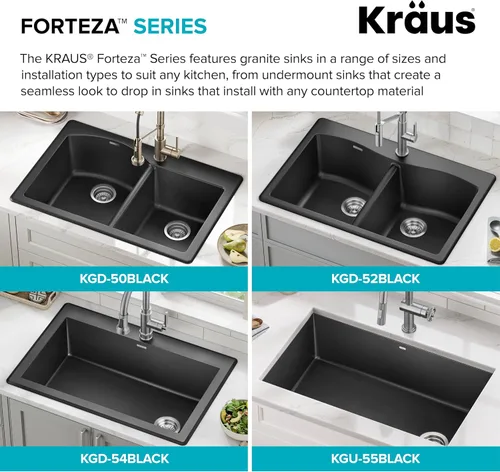Vista 15 de Kraus Forteza - Fregadero de cocina de doble seno 50/50 de granito de instalación empotrada/sobre encimera, 33 pulgadas, color negro (KGD-52BLACK)