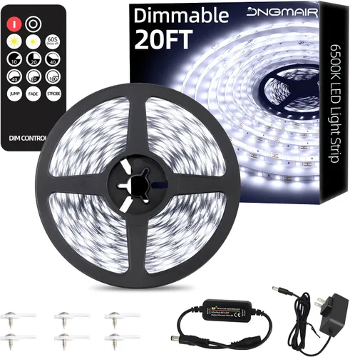 Vista 10 de Tira de luces LED de 20 pies con control remoto, 3000 K luces de cinta cálida y regulable, 12 V, 360 LED, 2835 luces adhesivas fuertes para armario
