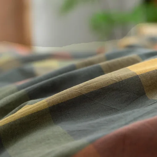 Vista 7 de VM VOUGEMARKET - Juego de funda de edredón a cuadros de tamaño individual XL, ropa de cama de color verde, gris y naranja, algodón lavado, con 2