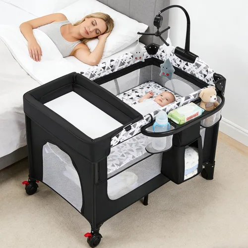 Vista 9 de Cuna de bebé de 5 en 1 para poner junto a la cama con tubo de columpio que se convierte en cuna, cuna con colchón, cambiador de pañales desmontable