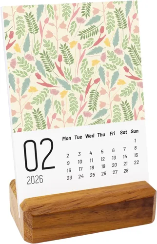 Vista 2 de Calendario de escritorio pequeño 2026 con tema floral, base de madera, oscuro
