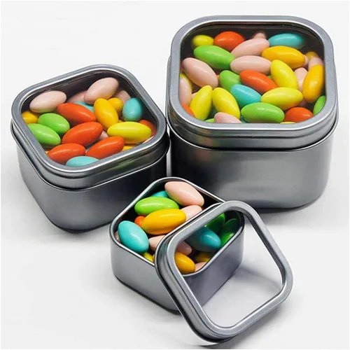 Vista 5 de Latas cuadradas de metal con tapas de ventana, paquete de 15 latas de plata cuadradas vacías para hacer velas, dulces, regalos y tesoros (4 onzas)