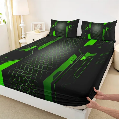 Vista 15 de Manfei Sábana bajera ajustable de panal rojo, tamaño matrimonial, juego de ropa de cama hexagonal geométrica de 3 piezas para decoración de Multi 07