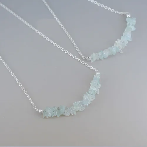 Vista 4 de Gempires Natural Aquamarine Necklace, Nuggets Chips Bar Necklace, Aquamarine Crystal Necklace, March Birthstone Jewelry, Adjustable 18 Inch Silver