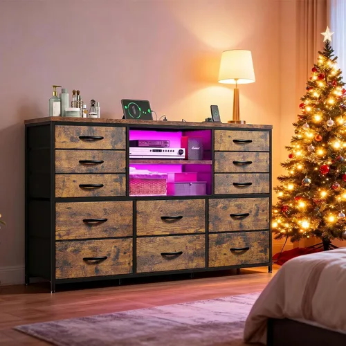 Vista 11 de EnHomee - Cómoda negra con luces LED y estación de carga, soporte de TV para televisor de 60 pulgadas, cómodas anchas y cómodas con estantes