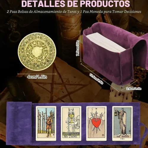 Vista 2 de El kit de 3 piezas de bolsa de tarot contiene caja de almacenamiento de cartas de tarot de terciopelo y moneda para tomar decisiones, bolsas de tela