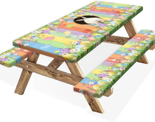 Vista 19 de Funda para Mesa de Picnic con Fundas para Bancos y Bolsa, Campista de Madera Impermeable Resistente al Viento, Cubierta de Mantel Ajustada con Borde