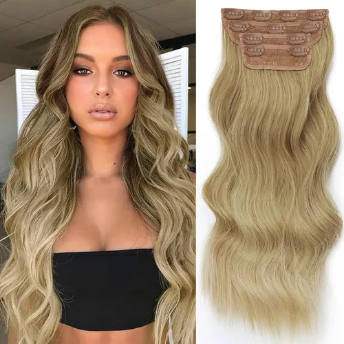 Vista 43 de Extensiones de cabello con clip de Vigorous de 20 pulgadas, con reflejos rubio playa, extensiones de cabello ondulado largo y suave de cabello