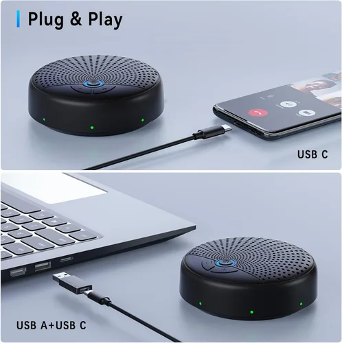 Vista 4 de Altavoz y micrófono de conferencia, 10 micrófonos AI, captación de voz de 360° y reducción de ruido, altavoz USB para sala de conferencias de 10 a