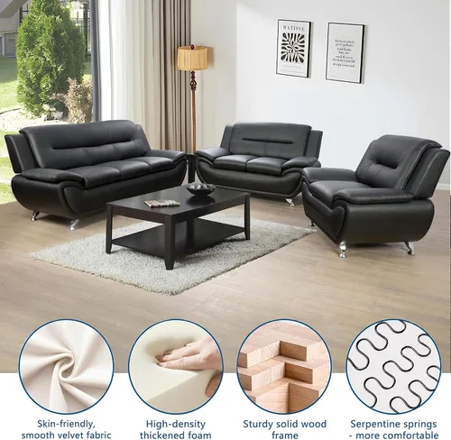 Vista 5 de Juego de sofá de 3 piezas para sala de estar, juego de sofá biplaza de piel sintética, estilo moderno, para sala de estar, apartamento, oficina
