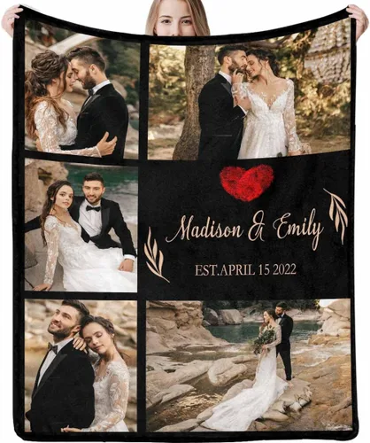 Vista 18 de Manta de fotos personalizada, manta de pareja de boda, con texto en inglés «He Asked And She Said Yes», 4 fotos, manta de boda, regalo romántico