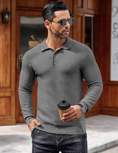 Vista 4 de COOFANDY Polo de punto para hombre, de manga larga, ligero, a la moda, informal, con cuello
