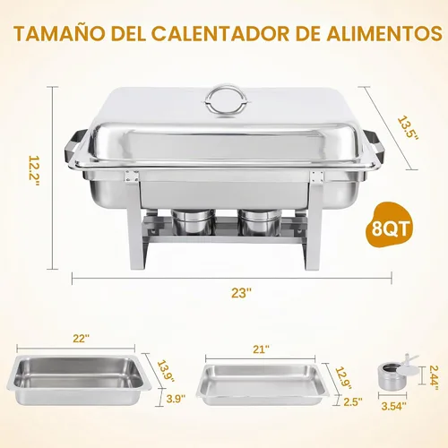 Vista 3 de 2 platos de chafer rectangulares de acero inoxidable de 8 cuartos de galón, tamaño completo, Plateado