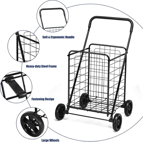 Vista 10 de Goplus Carrito de compras para comestibles, carrito de compras resistente plegable con ruedas, carrito de comestibles portátil colapsable, carrito