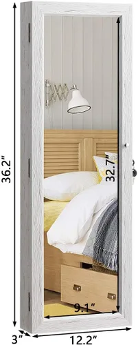 Vista 4 de HollyHOME Armario de joyería con espejo, con cerradura, montado en la puerta, organizador de joyas con espejo de longitud completa, ahorro
