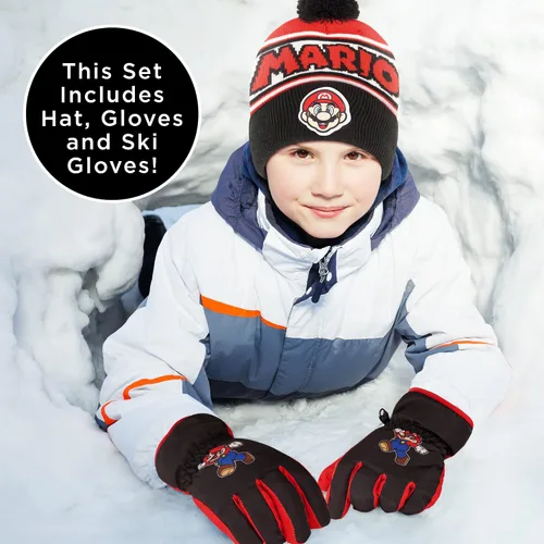 Vista 2 de Nintendo Sombrero de invierno para niños con guantes de punto y guantes de esquí aislados Super Mario para niños de 4 a 7 años Mario