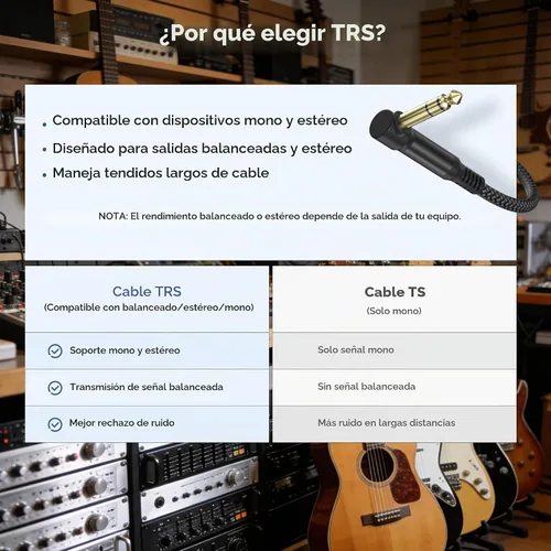 Vista 8 de Elebase Paquete de 2 cables TRS para instrumentos de 1/4 de pulgada de 3.3 pies, acodado a recto, conector macho jack estéreo de 6.35mm, línea