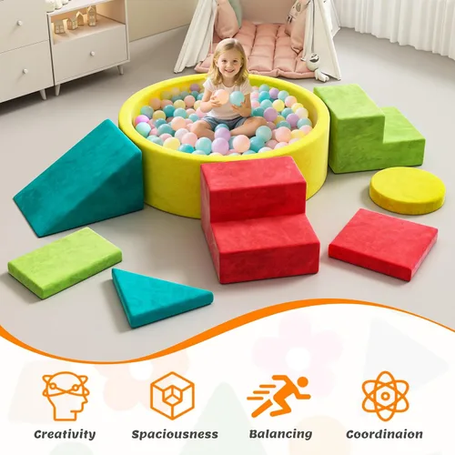 Vista 4 de Juego de bloques de escalada de espuma suave, juguetes de escalada para niños pequeños con pozo de bolas para jugar en interiores, escalador modular
