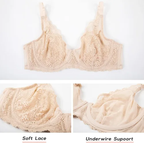 Vista 6 de DOBREVA Bralette de encaje transparente para mujer, brasier reductor sexy, talla grande, con aros transparentes