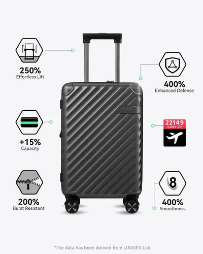 Vista 2 de LUGGEX Equipaje de mano 22 x 14 x 9 aprobado por aerolíneas - Maleta rígida expandible 100% policarbonato con ruedas giratorias, negro-pistola, Todo