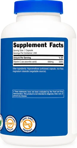 Vista 4 de Nutricost Vitamina C 500 mg, 240 cápsulas, vegetariana, sin gluten y sin OMG