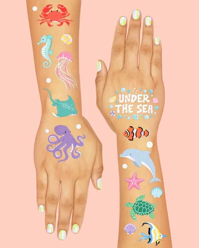 Vista 3 de xo, Fetti Tatuajes temporales de criaturas marinas subacuáticas - 64 estilos Suministros para fiestas de cumpleaños de animales del océano