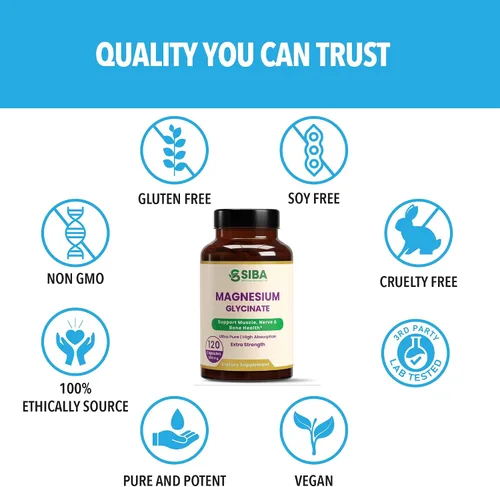 Vista 4 de SIBA Glicinato de magnesio 500 mg Suplemento de alta absorción para la recuperación muscular del sueño, función nerviosa, salud ósea, calma natural